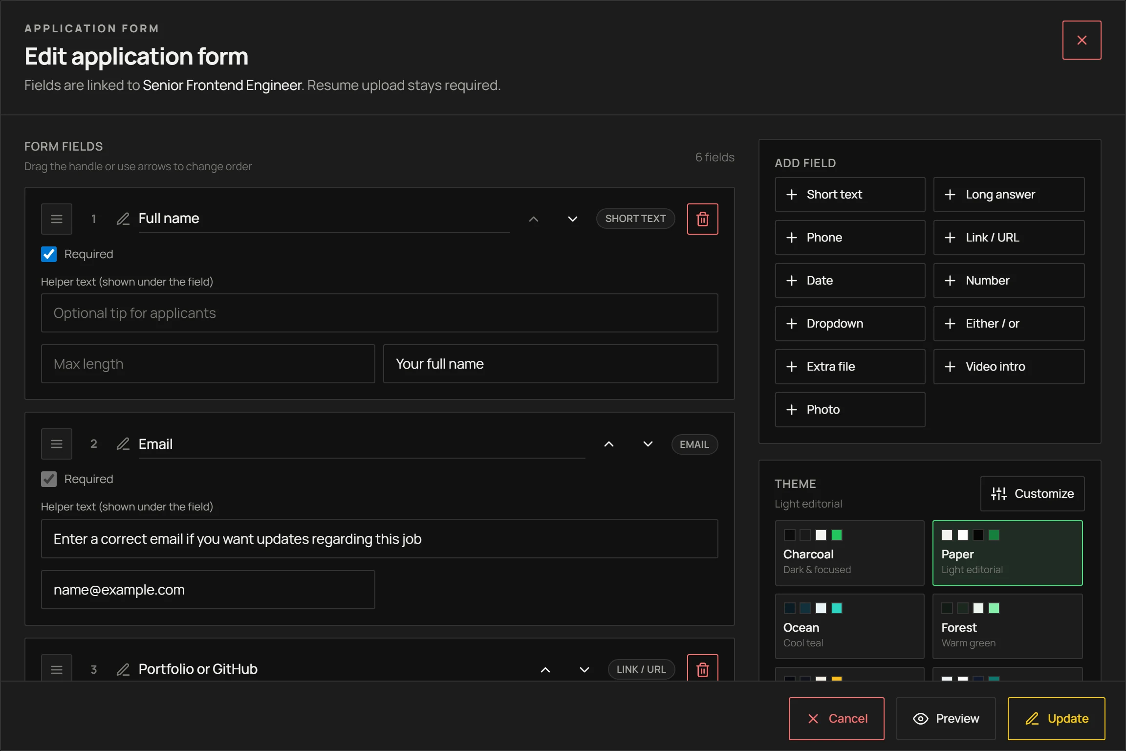 The ResumeWorld application form builder showing six configured fields, the add-field palette and the form theme picker.