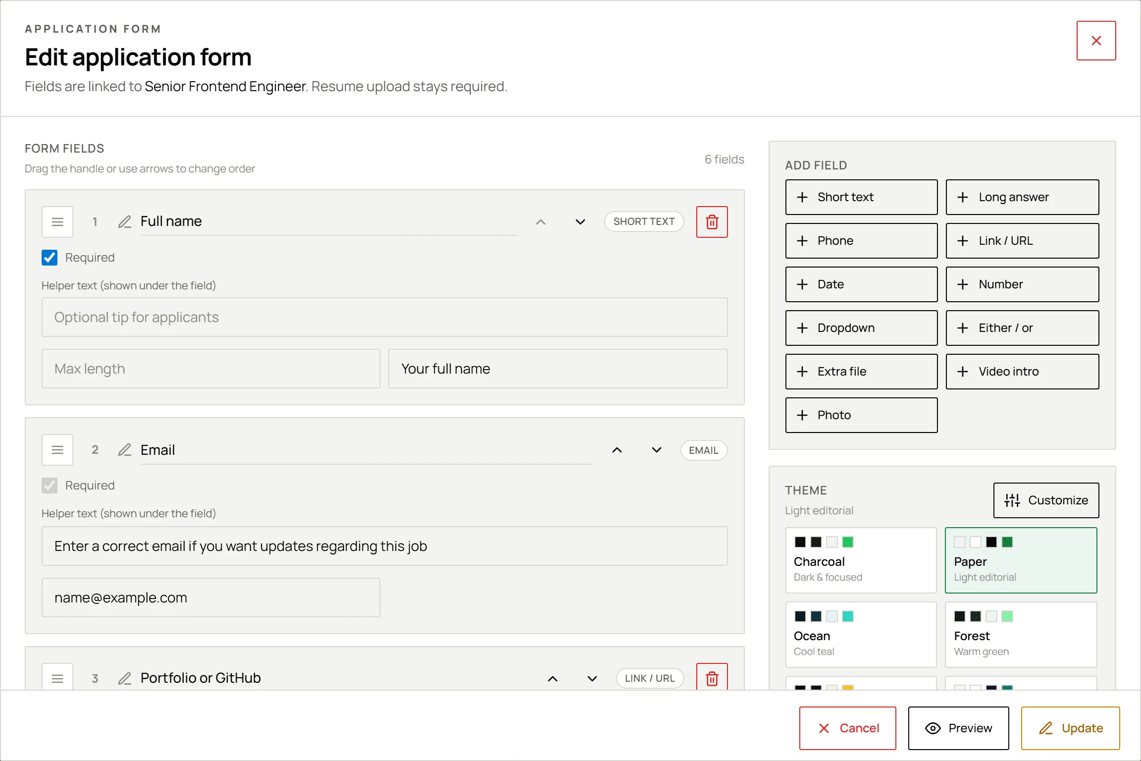 The ResumeWorld application form builder showing six configured fields, the add-field palette and the form theme picker.