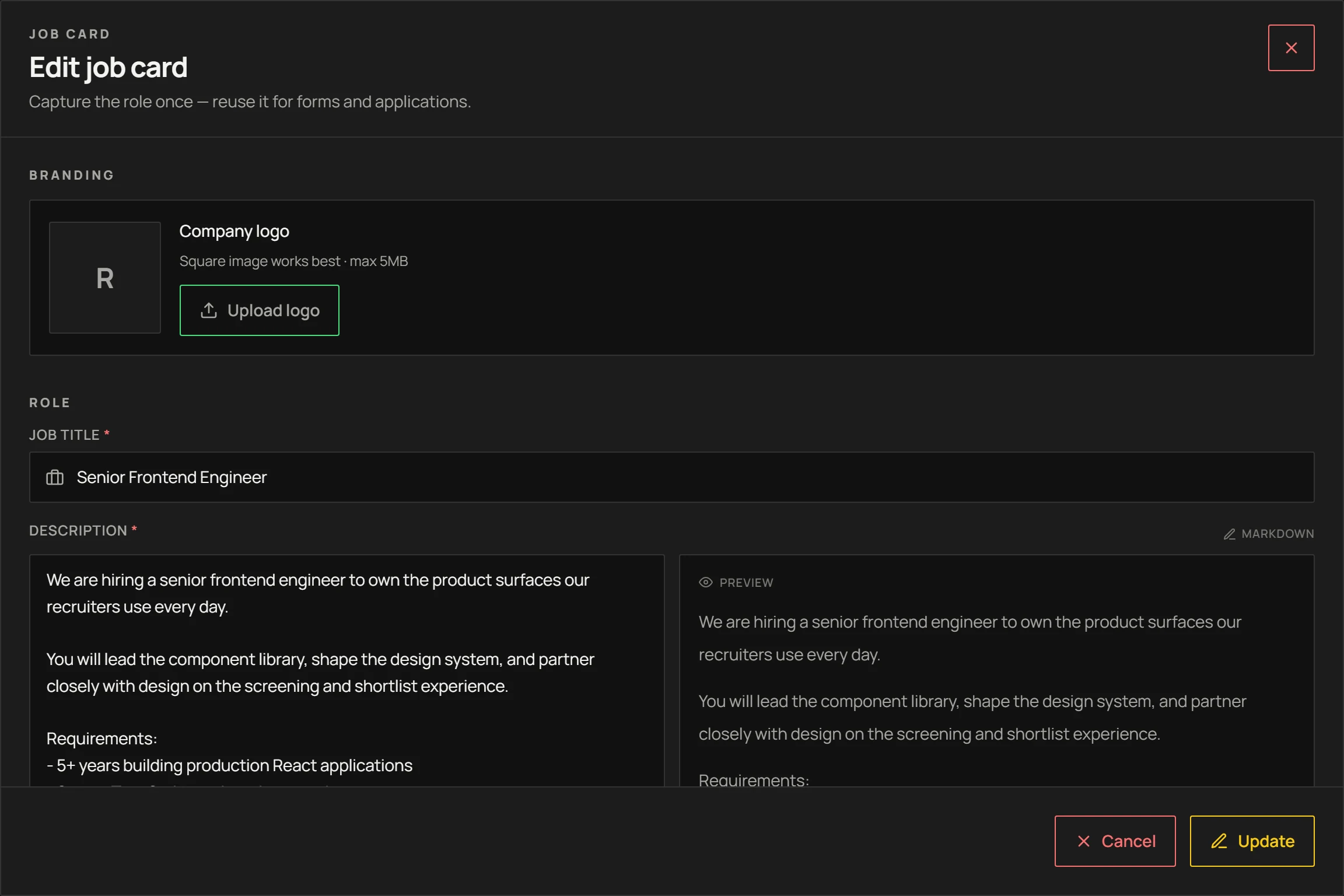 The ResumeWorld job card editor with the title, markdown job description and live preview filled in for a Senior Frontend Engineer role.