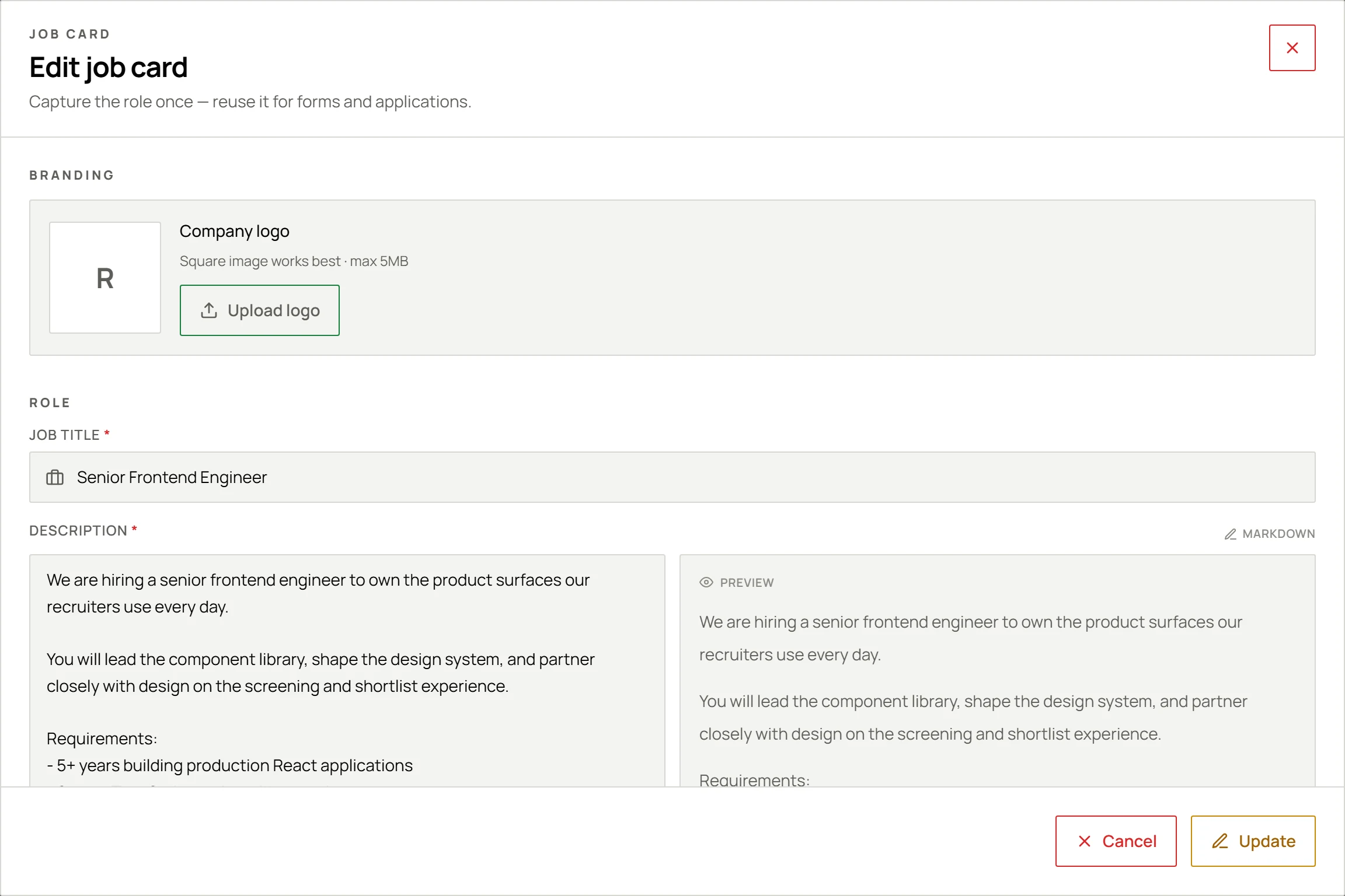The ResumeWorld job card editor with the title, markdown job description and live preview filled in for a Senior Frontend Engineer role.