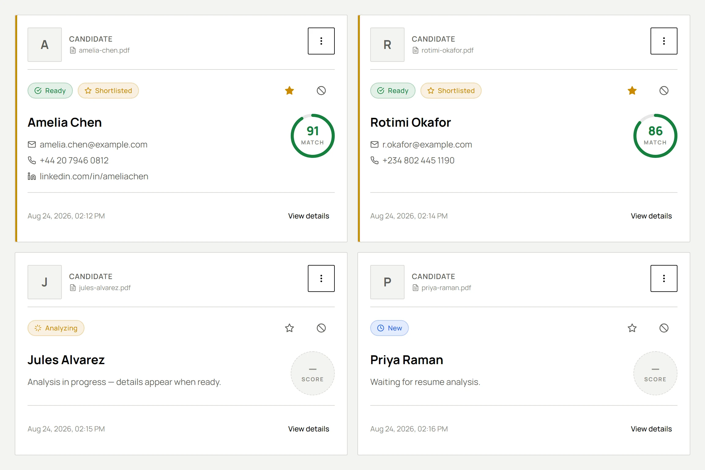 Four ResumeWorld candidate cards showing live screening states: two ready with match scores of 91 and 86, one analyzing and one new.